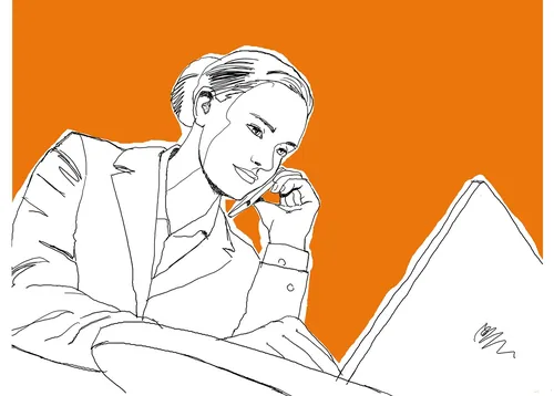 Line drawing of a woman working on a laptop by Andreas Schickert