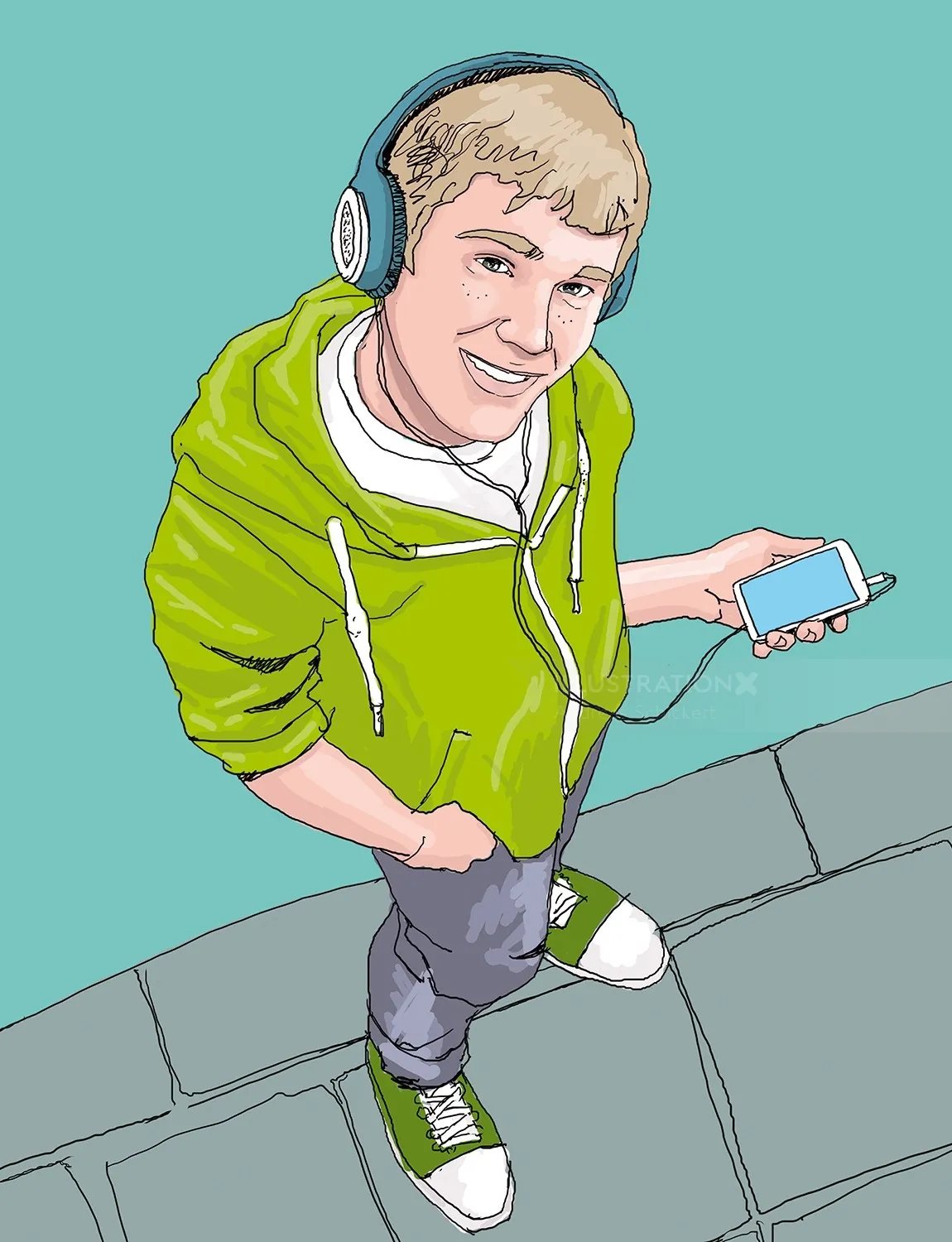 Illustration of young man in green hoodie listening to music with headphones by Andreas Schickert
