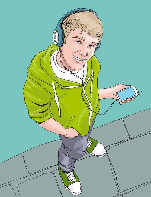 Illustration of young man in green hoodie listening to music with headphones by Andreas Schickert
