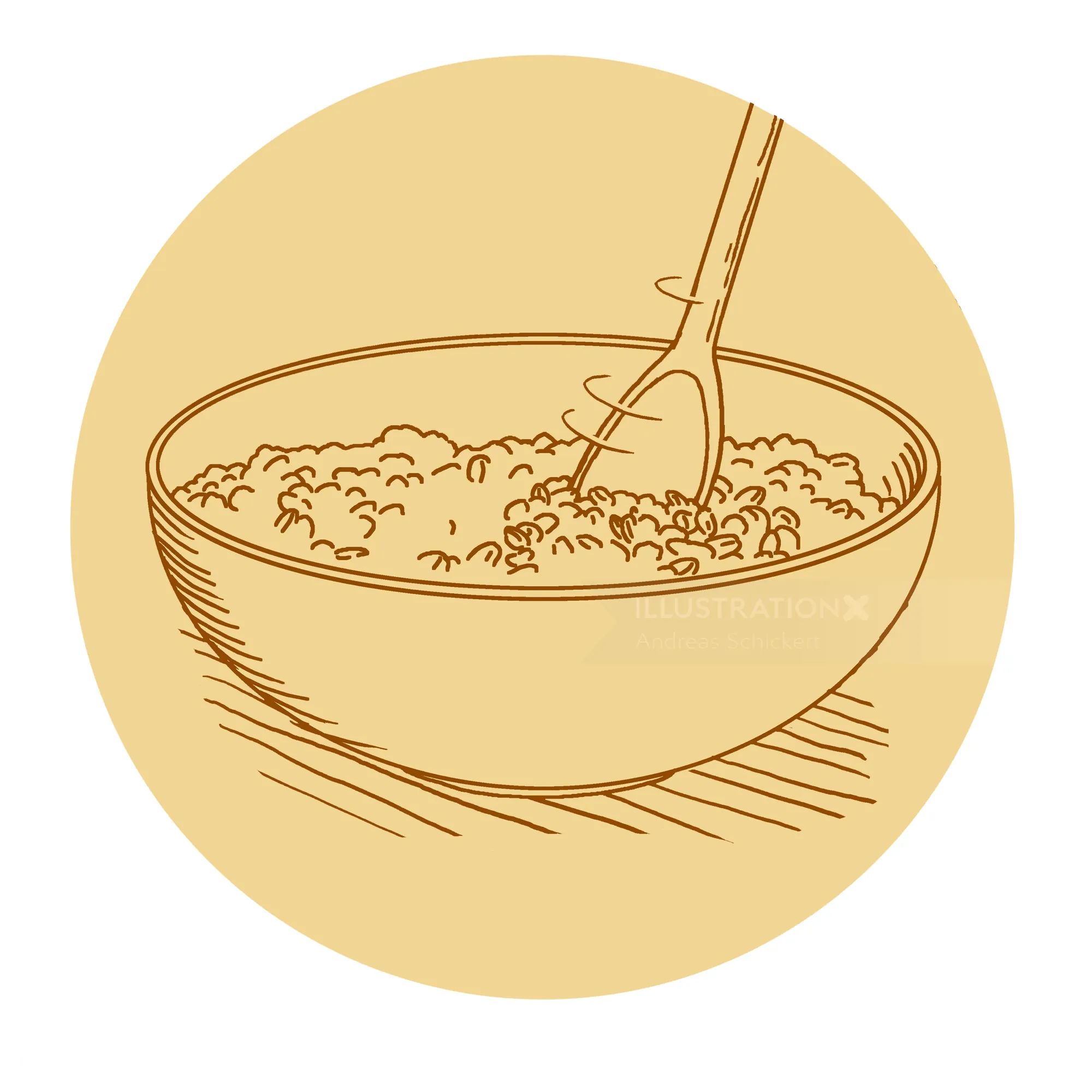 Line art of a bowl of porridge with a spoon by Andreas Schickert