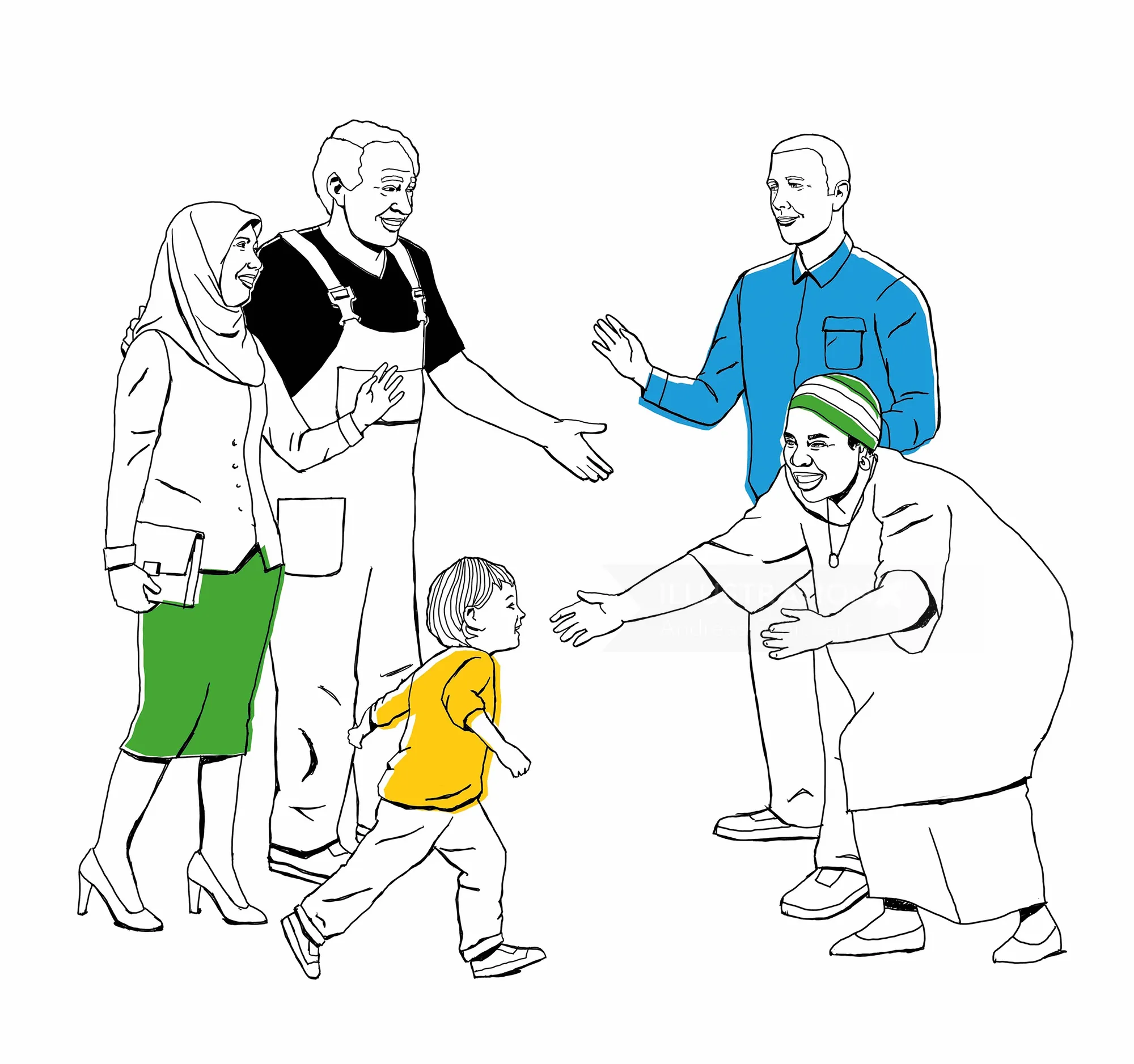 Family members welcoming child in diverse cultural and work clothes by Andreas Schickert