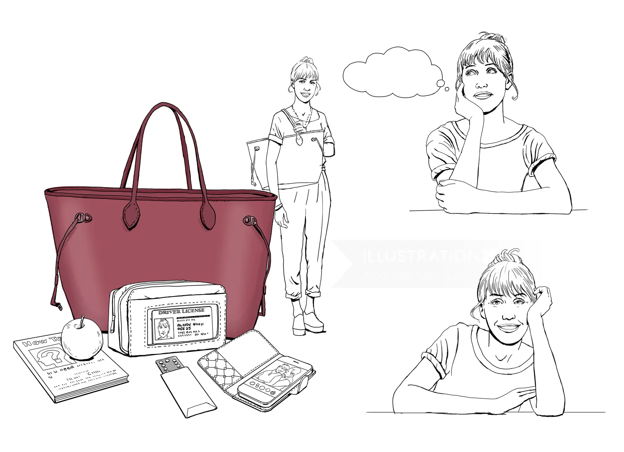 Illustration of handbag, radio, and sketches of a woman by Andreas Schickert