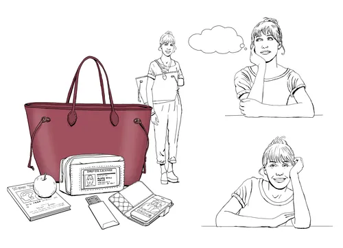 Illustration of handbag, radio, and sketches of a woman by Andreas Schickert