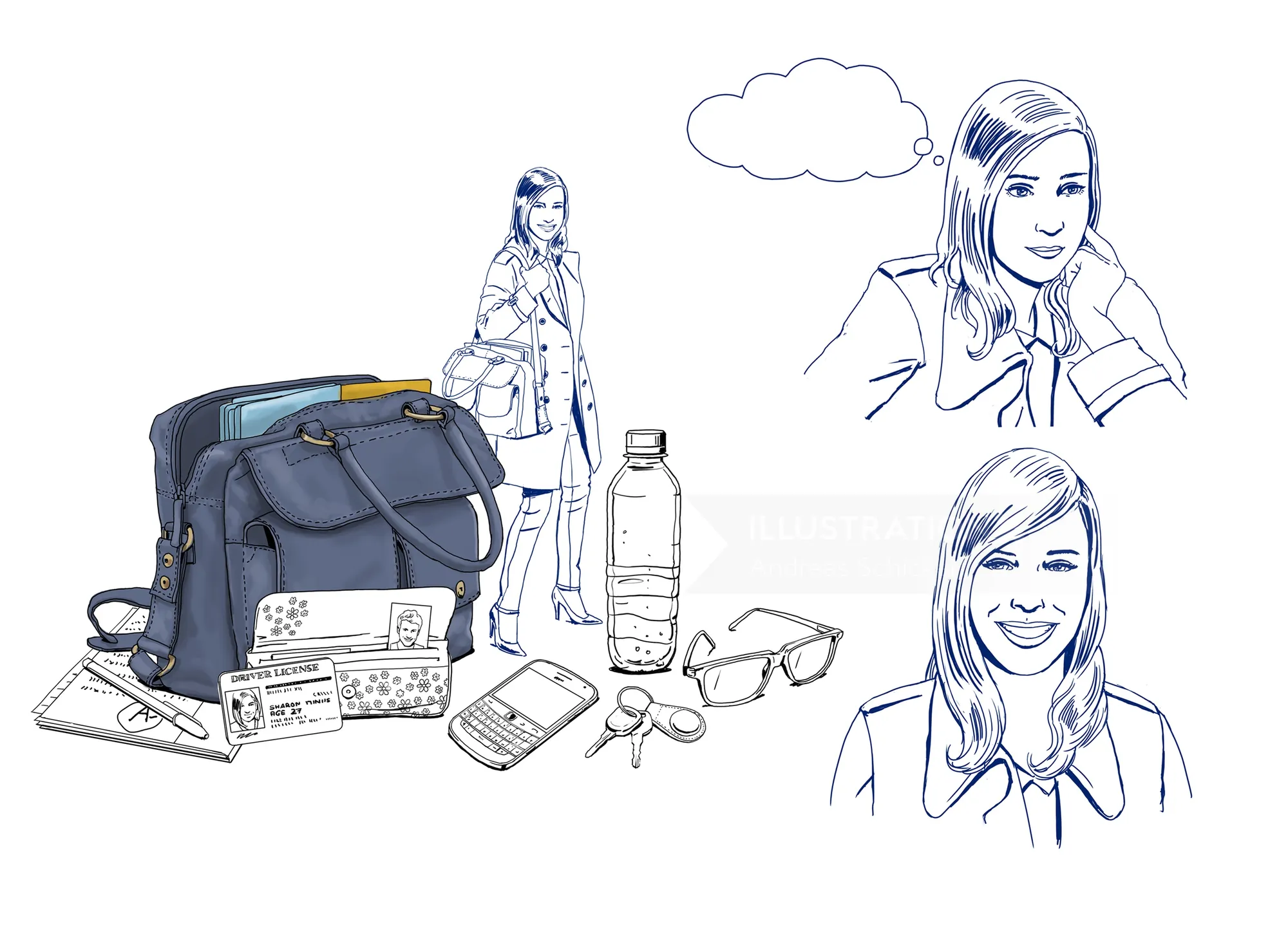 Illustration of woman sketches with bag and personal items by Andreas Schickert