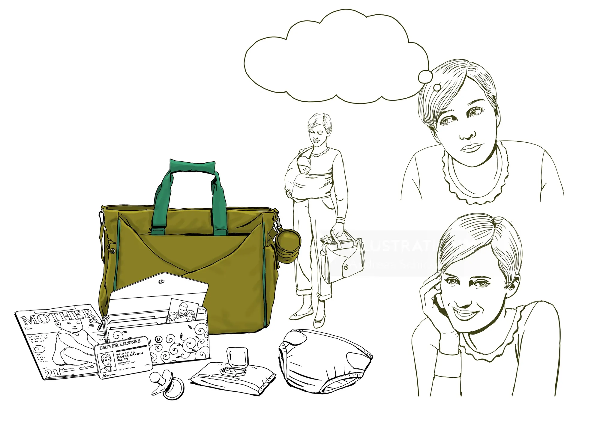 Travel bag and items with two portraits and a thought bubble by Andreas Schickert