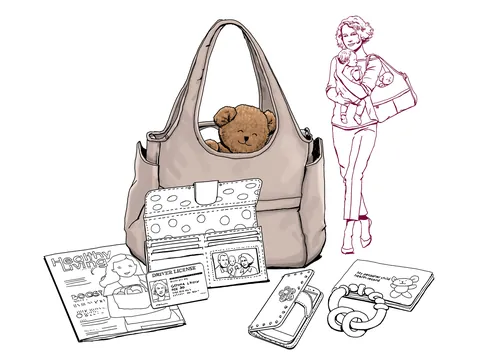 Diaper bag with teddy bear, baby items, and sketch of woman carrying bag by Andreas Schickert