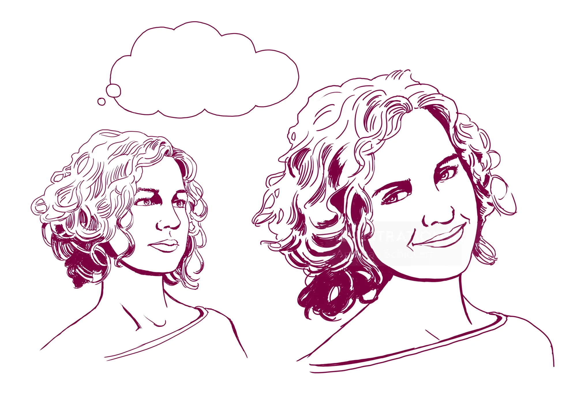 Line drawing of woman with curly hair and thought bubble by Andreas Schickert