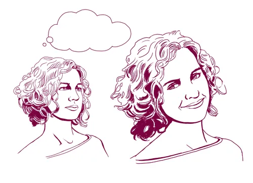 Line drawing of woman with curly hair and thought bubble by Andreas Schickert
