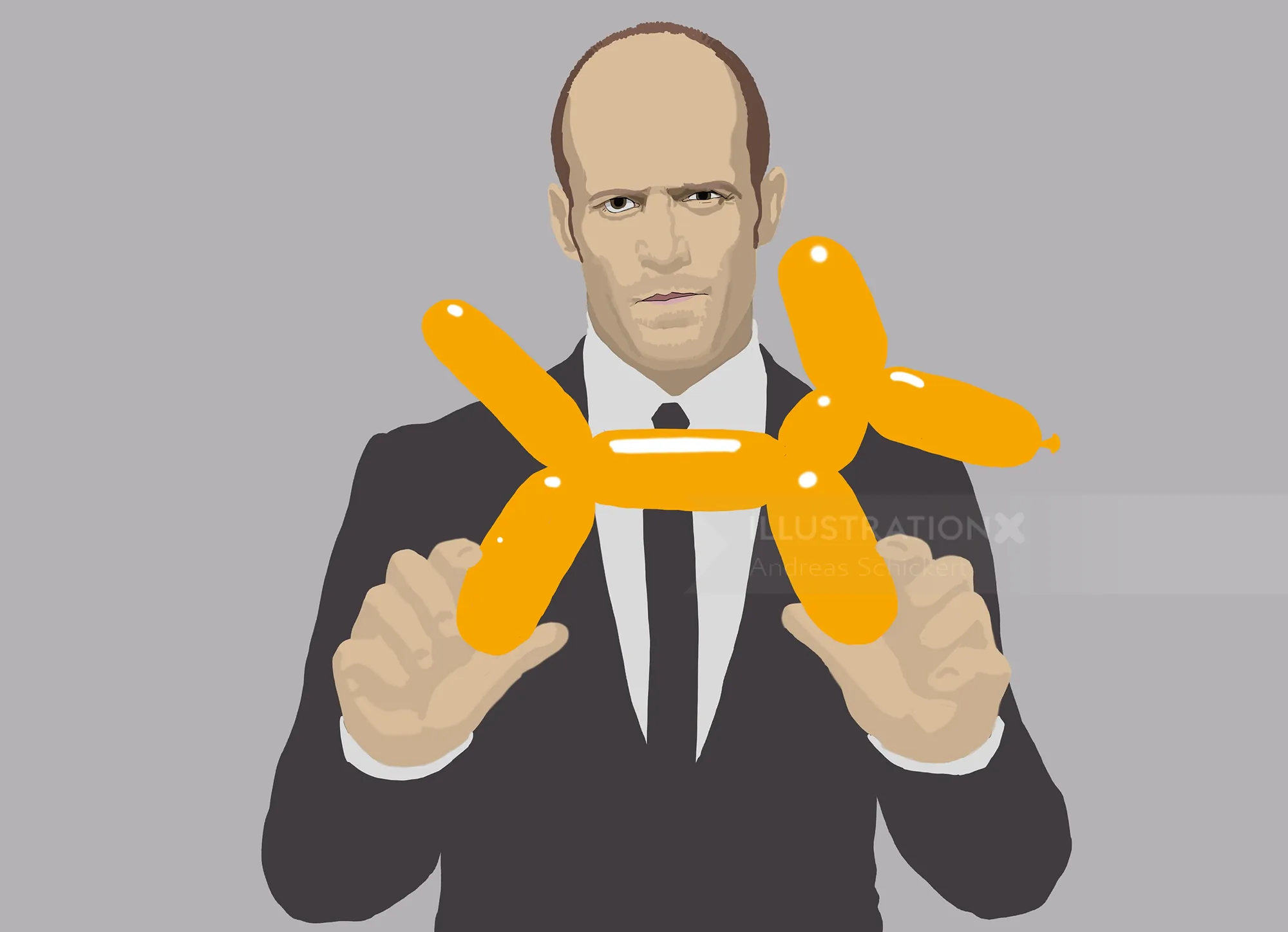 Man in black suit holding orange balloon dog by Andreas Schickert