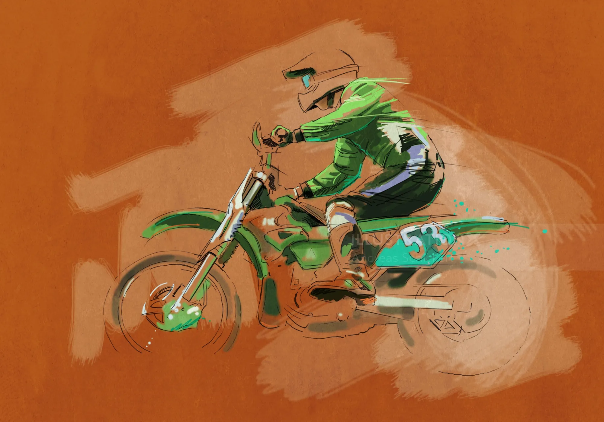 Motocross rider in green gear riding dirt bike, illustration by Andreas Schickert