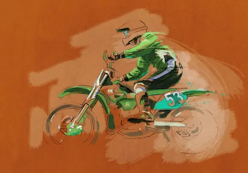Motocross rider in green gear riding dirt bike, illustration by Andreas Schickert