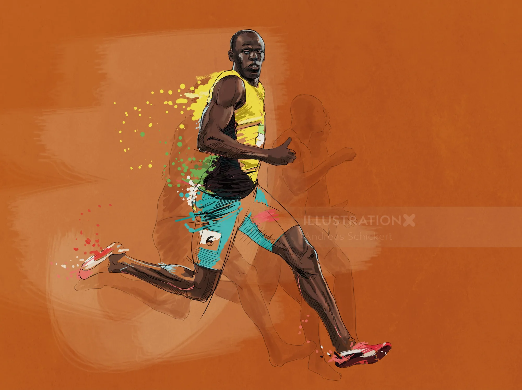 Digital painting of a male runner in yellow and teal sportswear by Andreas Schickert
