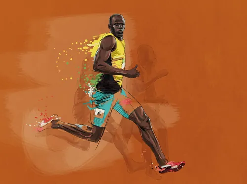 Digital painting of a male runner in yellow and teal sportswear by Andreas Schickert