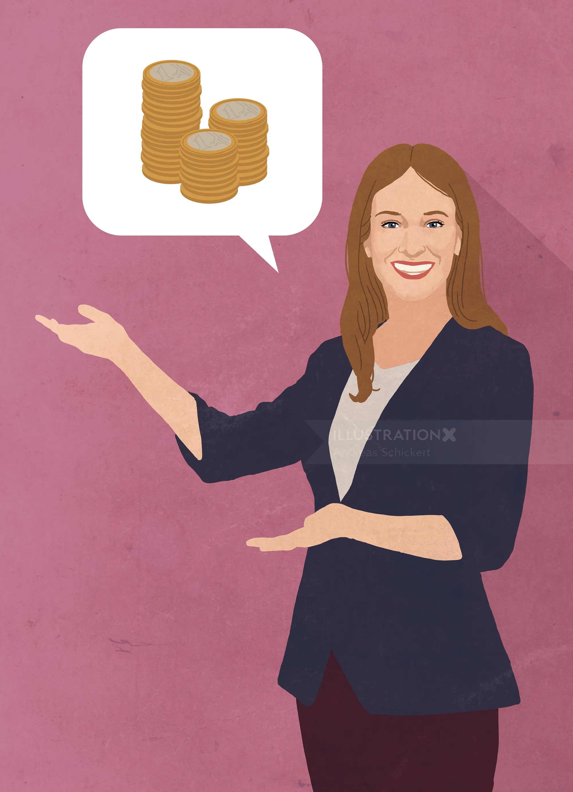 Smiling woman presenting stack of coins illustration by Andreas Schickert