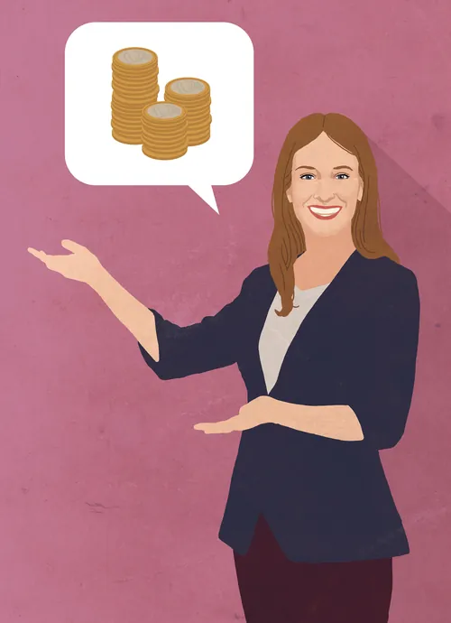 Smiling woman presenting stack of coins illustration by Andreas Schickert