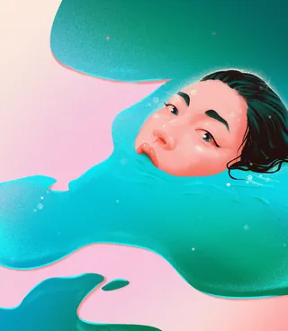 Woman's face emerging from flowing turquoise water in a surreal style