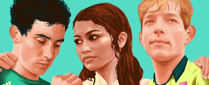 Three young people standing together with serious expressions