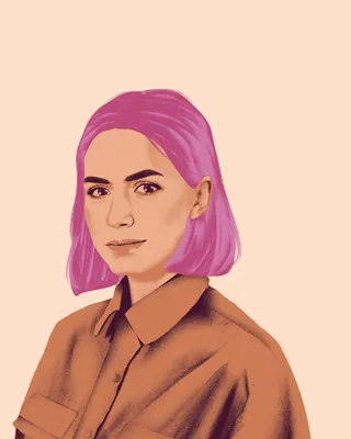 Portrait of woman with pink hair and brown shirt on beige background