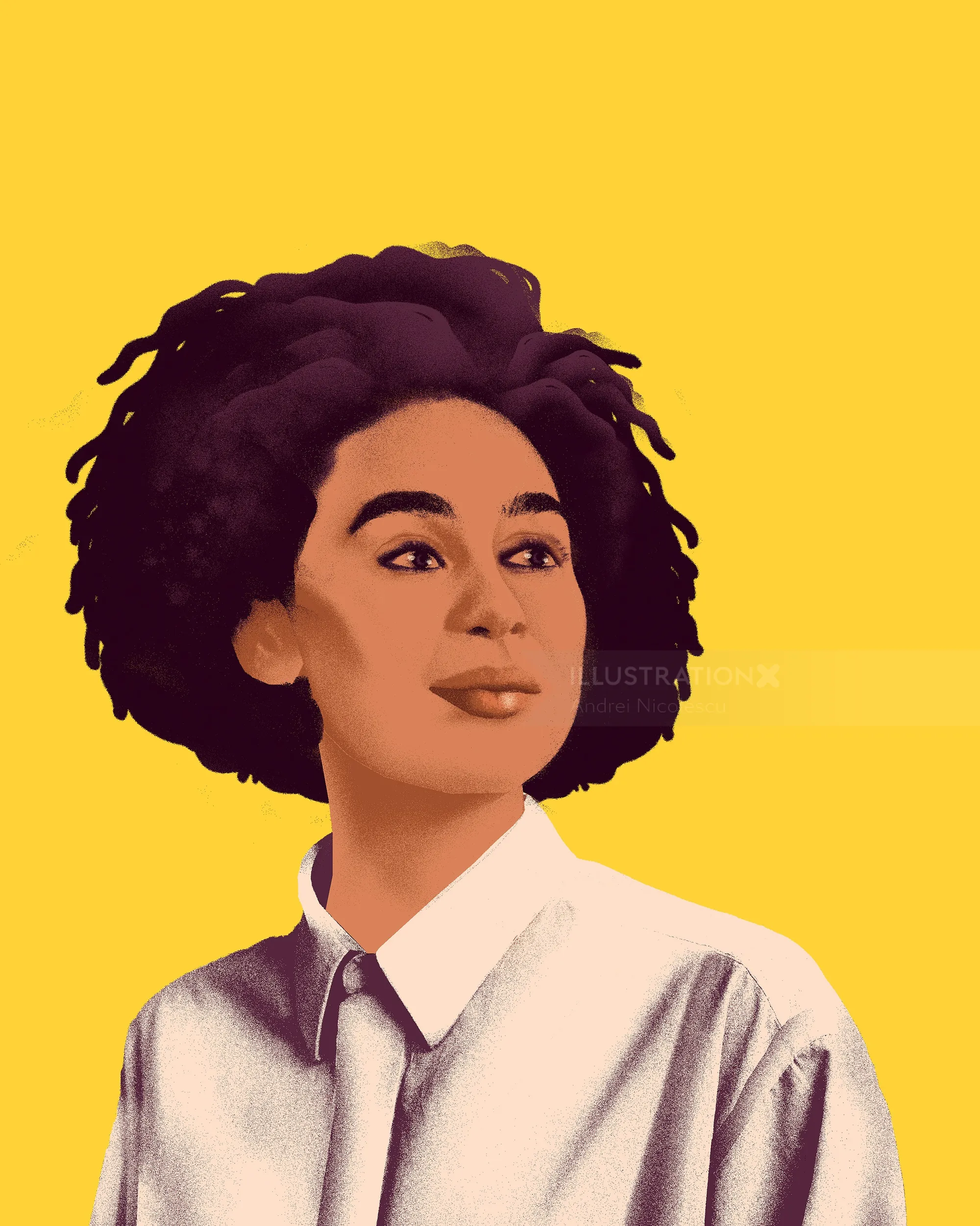 Confident woman with curly hair wearing a white shirt on yellow background