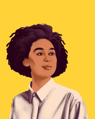 Confident woman with curly hair wearing a white shirt on yellow background