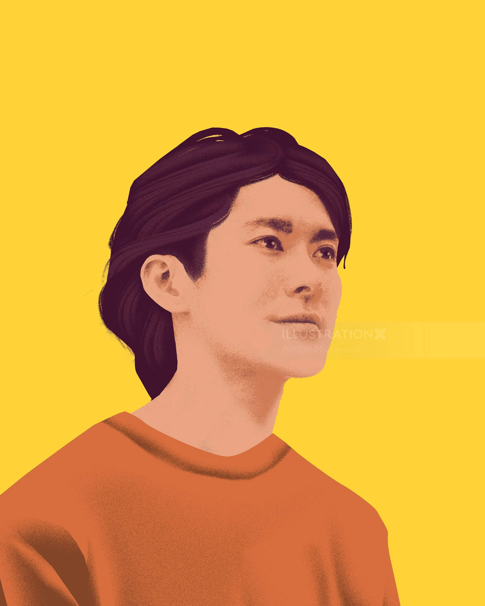 Illustration of a young man with dark hair wearing an orange shirt