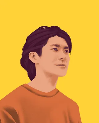 Illustration of a young man with dark hair wearing an orange shirt