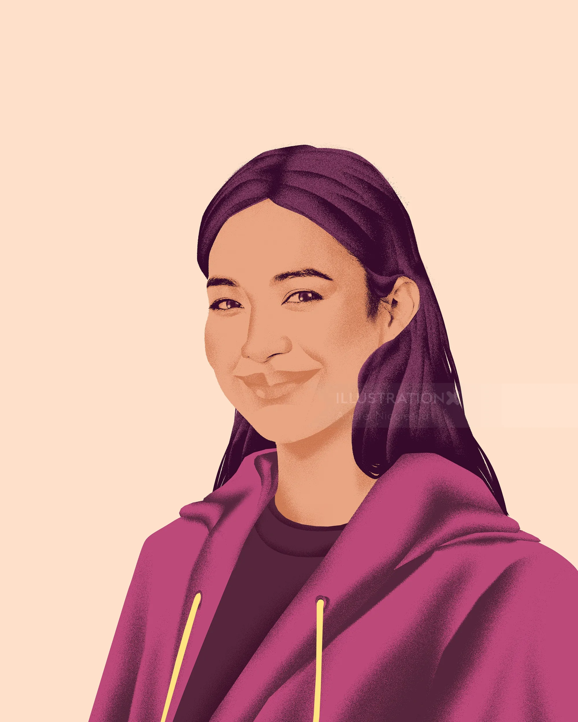 Smiling woman with long dark hair in maroon hoodie on light background