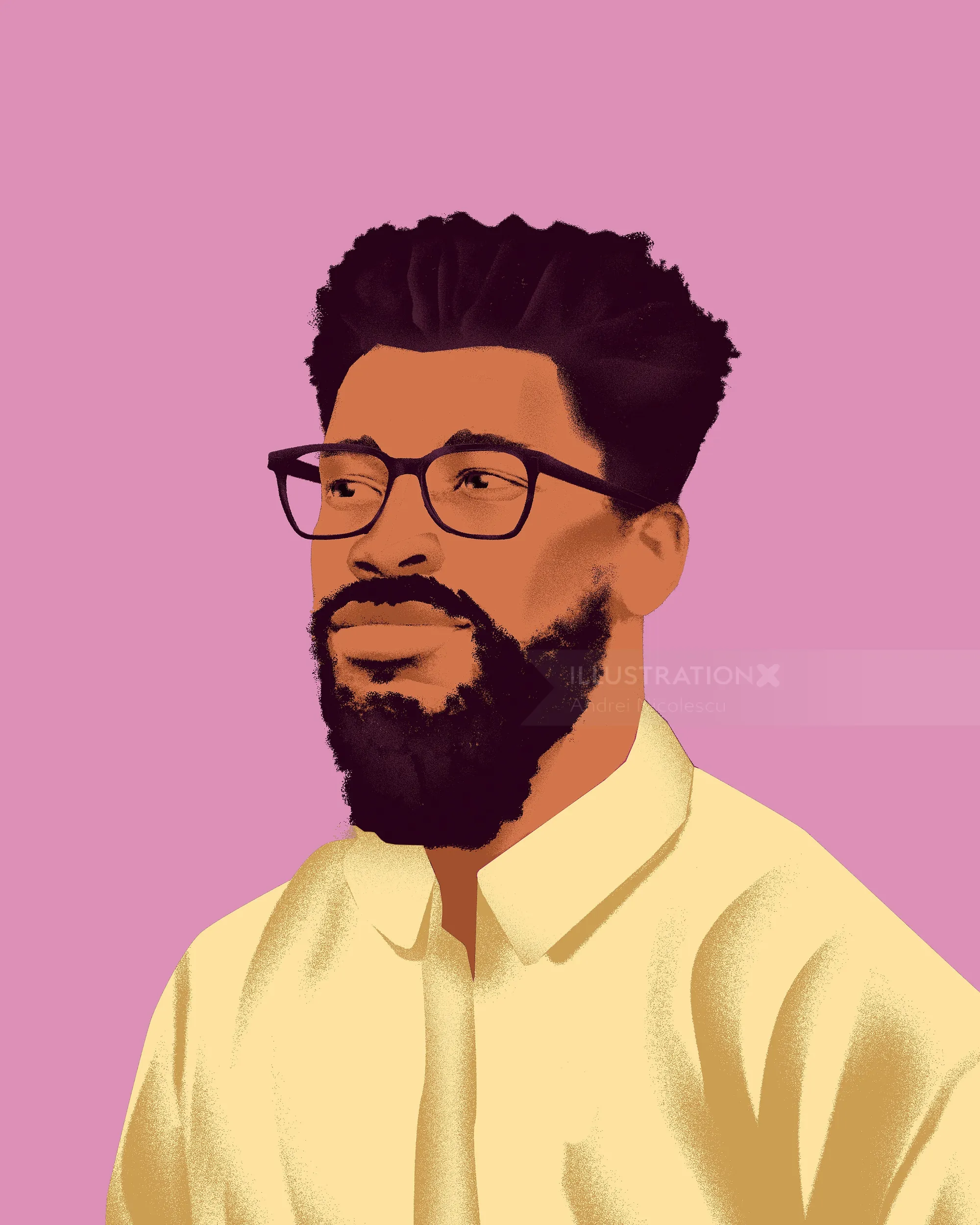 Man with glasses and beard wearing yellow shirt on pink background