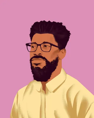 Man with glasses and beard wearing yellow shirt on pink background