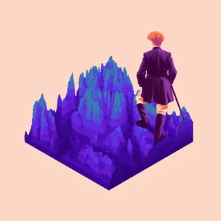 Man in vintage coat staring at purple mountainous terrain on peach background