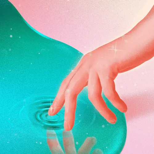 Human hand touching blue water creating ripple effect
