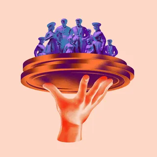 Hand lifting tray with group of miniature people figures