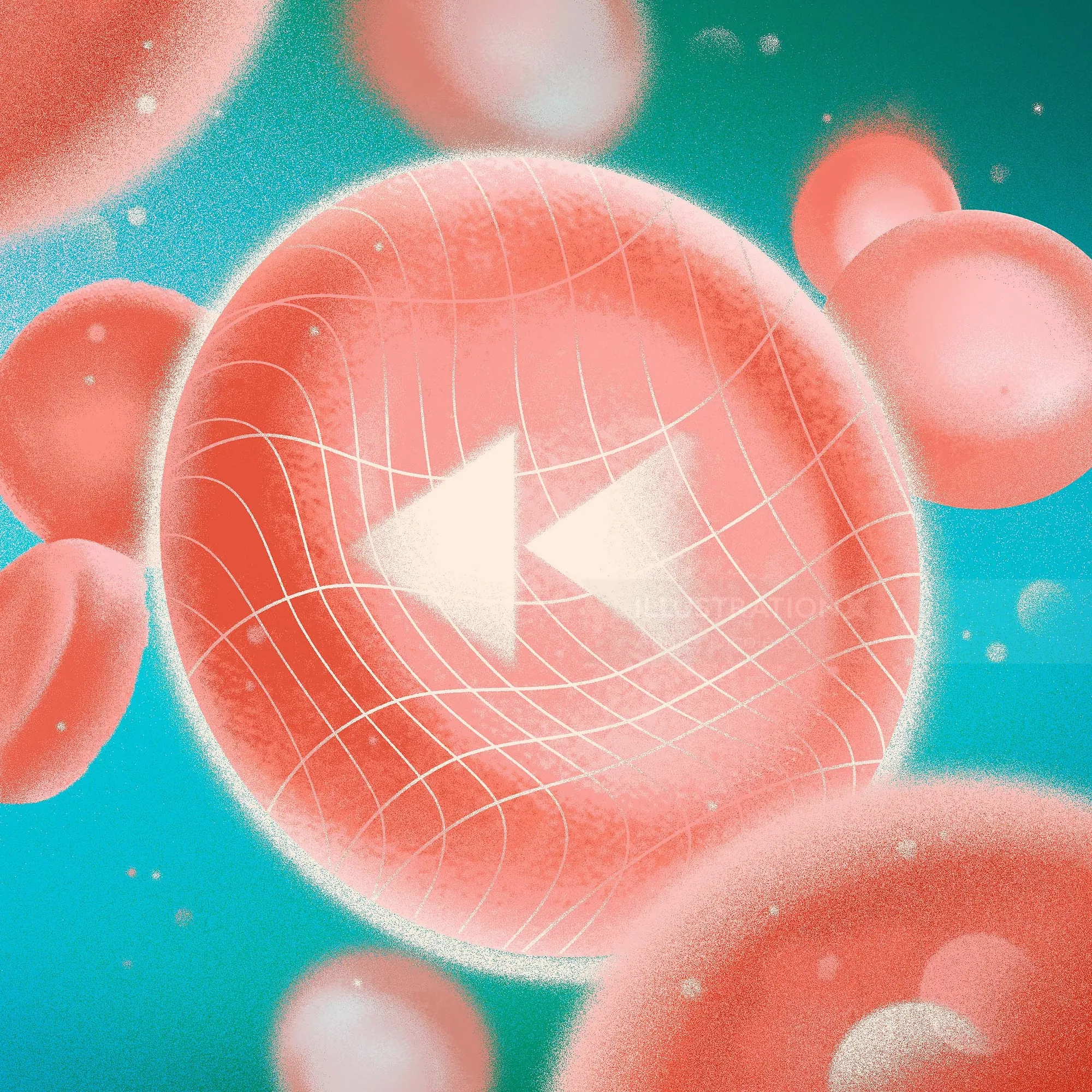 Red cell with rewind symbol on a turquoise background