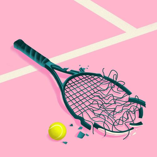 Damaged tennis racket and yellow tennis ball on pink surface
