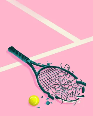 Damaged tennis racket and yellow tennis ball on pink surface
