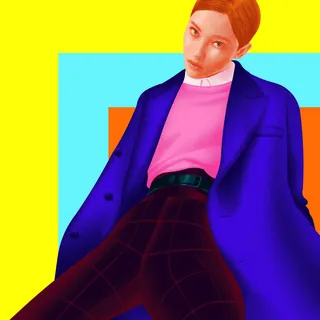 Woman posing in bright blue coat and pink top with colorful backdrop