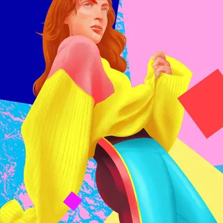 Woman in yellow sweater and blue skirt against vibrant abstract background