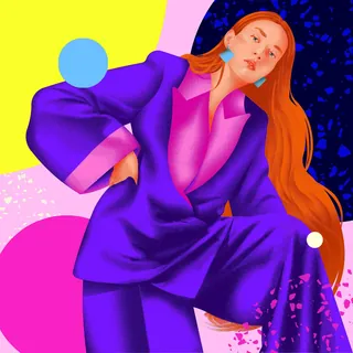 Portrait of woman wearing purple suit with red hair on colorful background