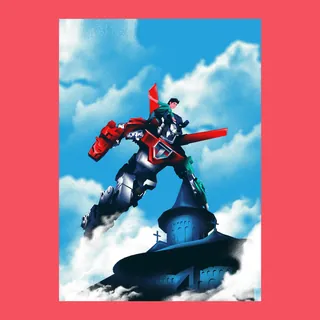 Robot flying over building with clouds and blue sky background