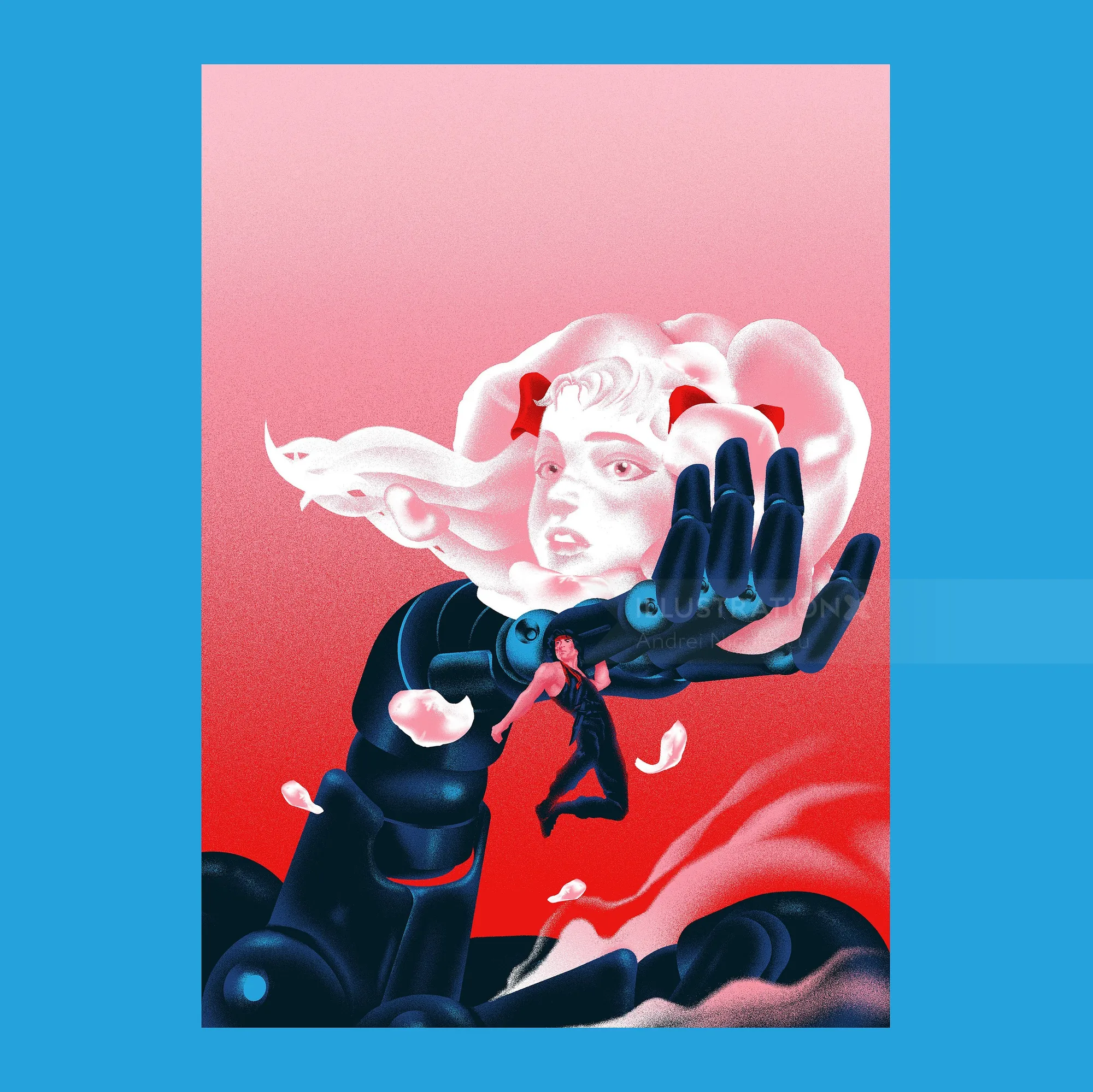 Surreal image of a white head and black robotic hand on red background