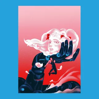 Surreal image of a white head and black robotic hand on red background