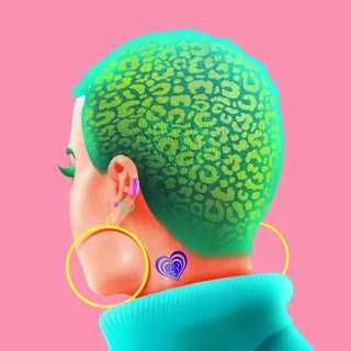 Person with green leopard print shaved hair and large hoop earrings on pink background