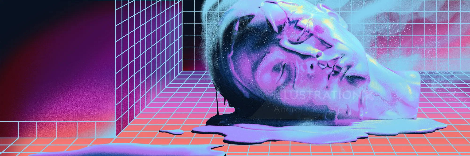 Melting human face in neon grid background digital artwork