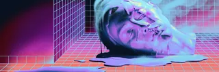 Melting human face in neon grid background digital artwork