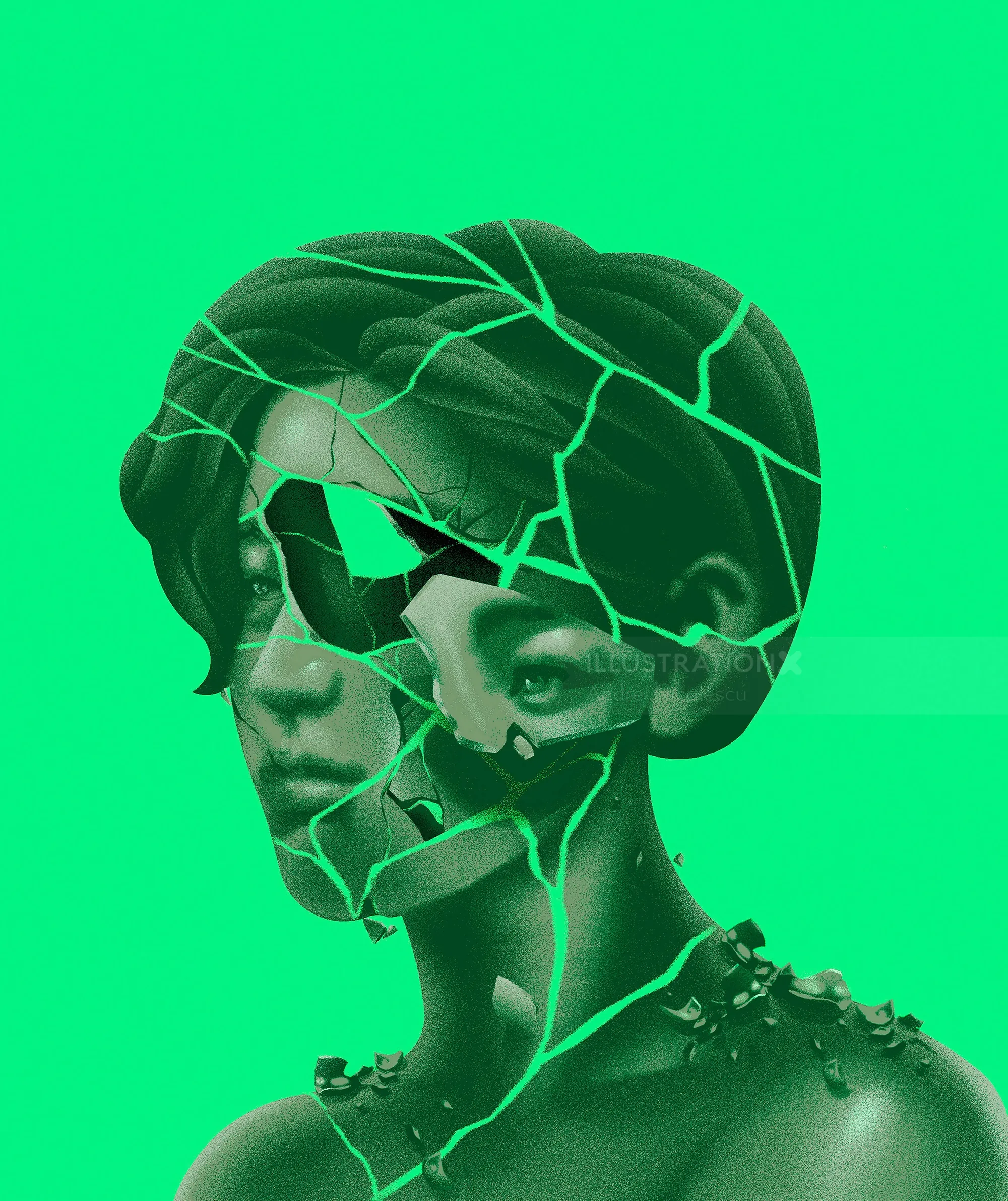 Abstract female face with green cracks on vibrant green background