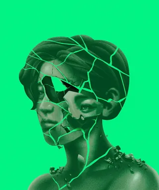 Abstract female face with green cracks on vibrant green background