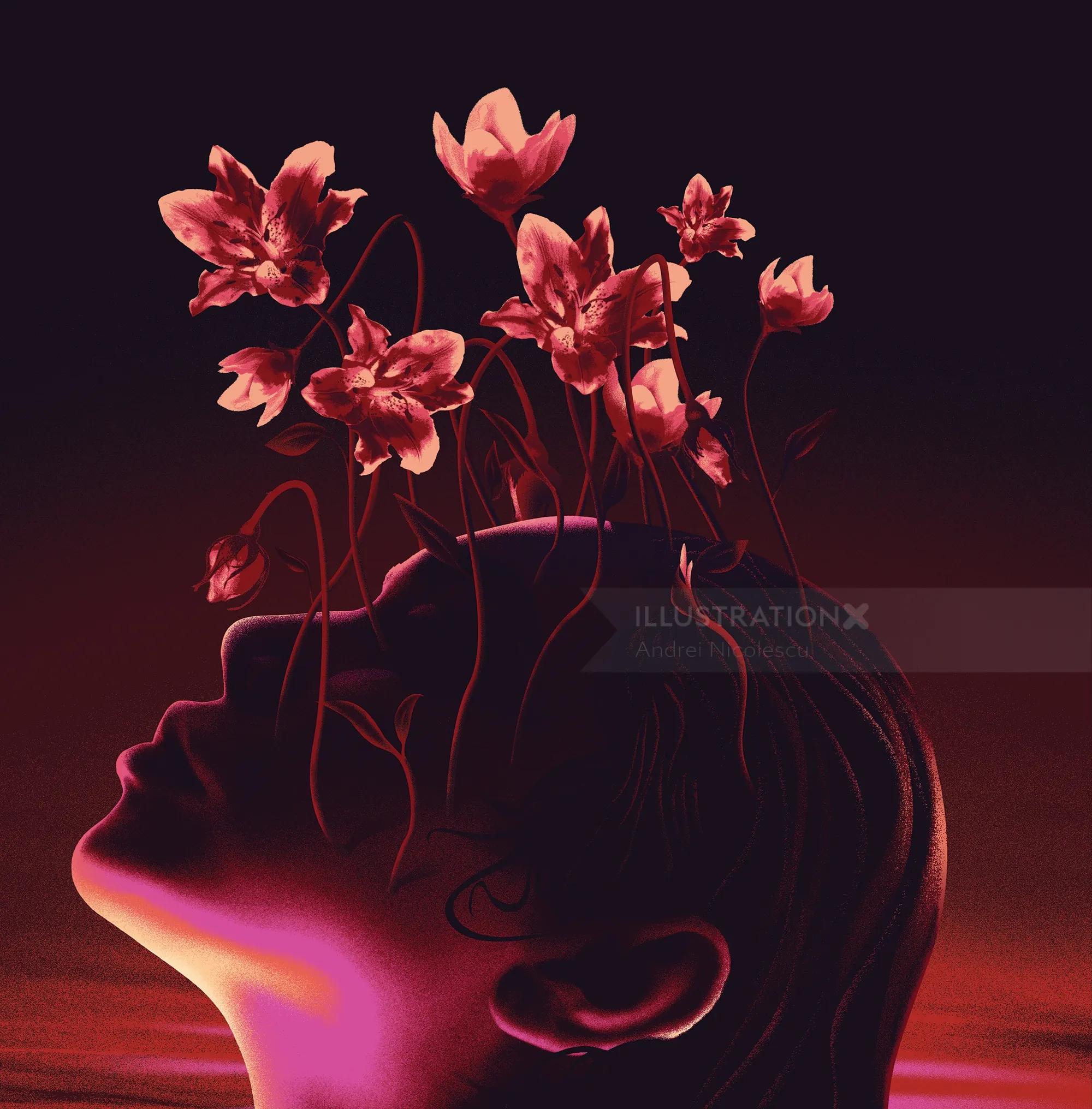 Profile of face with red flowers growing from head in dark background