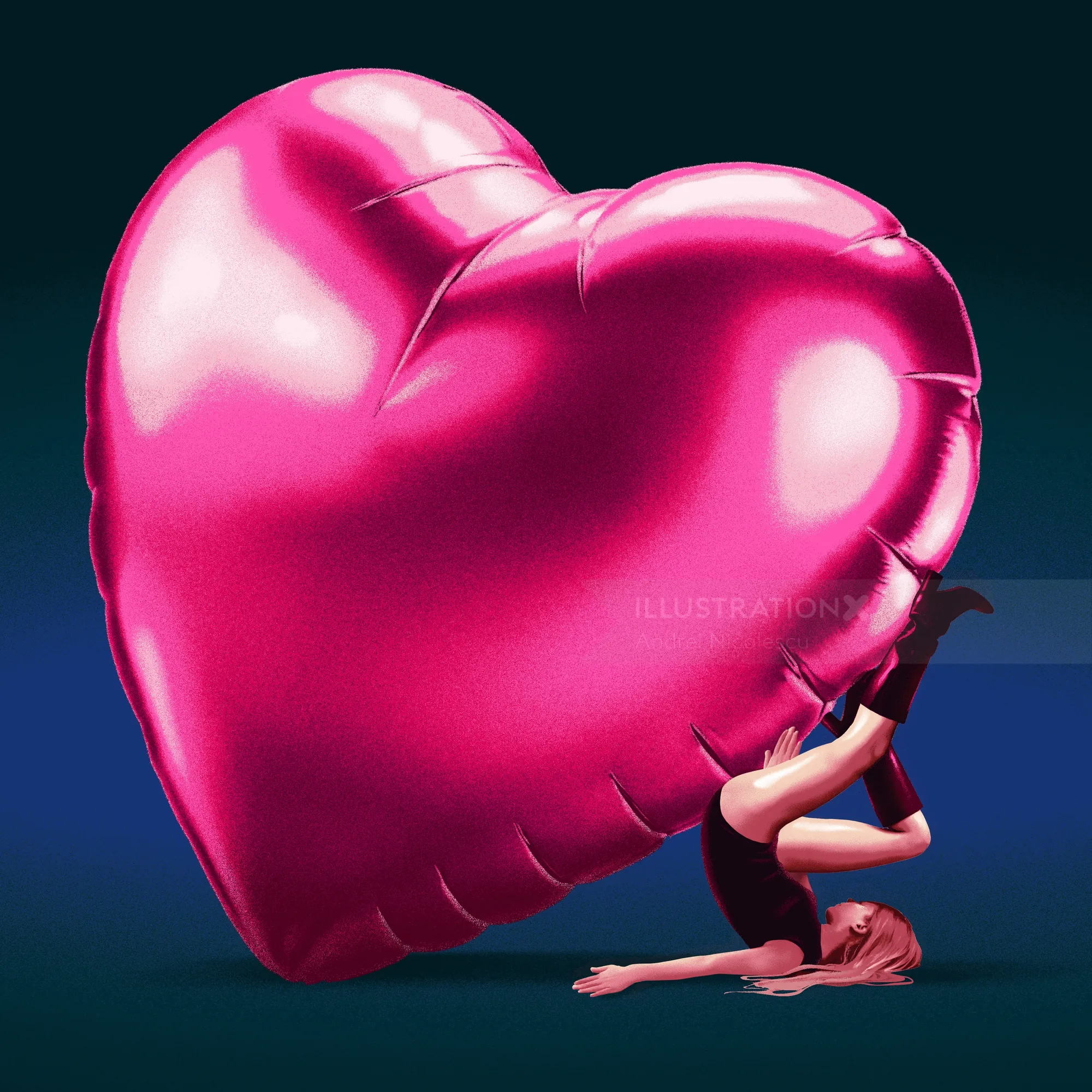 Woman lying down holding large pink heart balloon