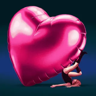 Woman lying down holding large pink heart balloon