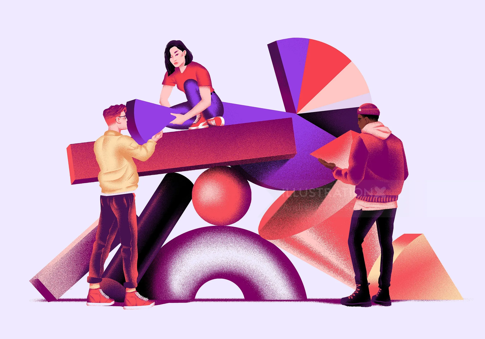 Three people handling large purple and red abstract geometric shapes